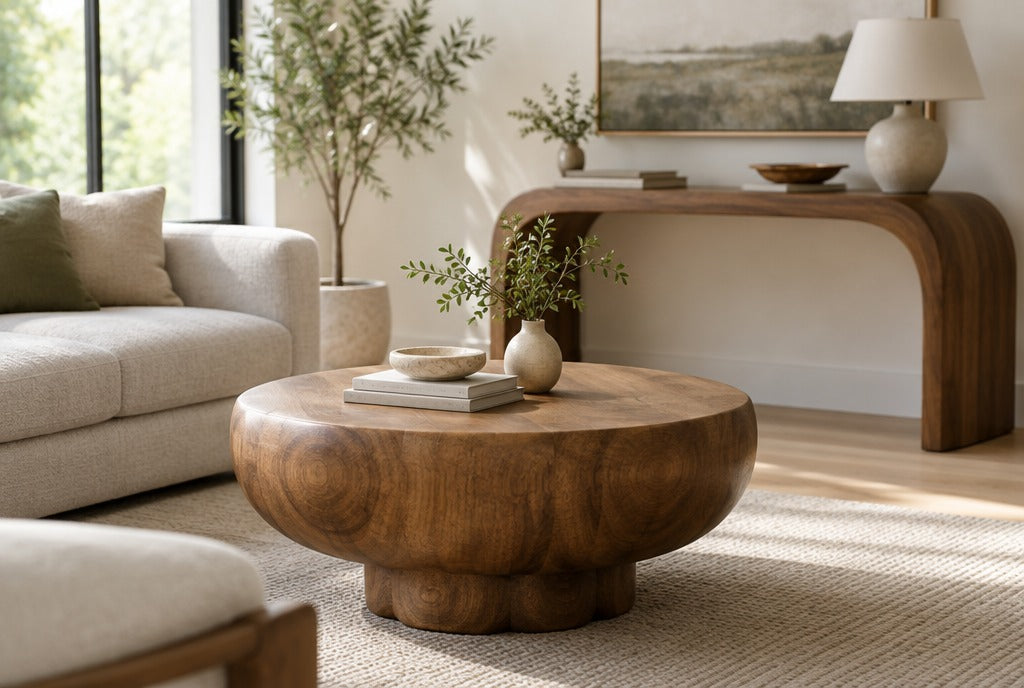A small bright living room with a round sculpted solid wood coffee table and a curved console