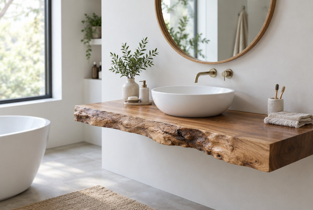 A live edge solid wood floating bathroom vanity with a vessel sink and round mirror in a bright modern bathroom