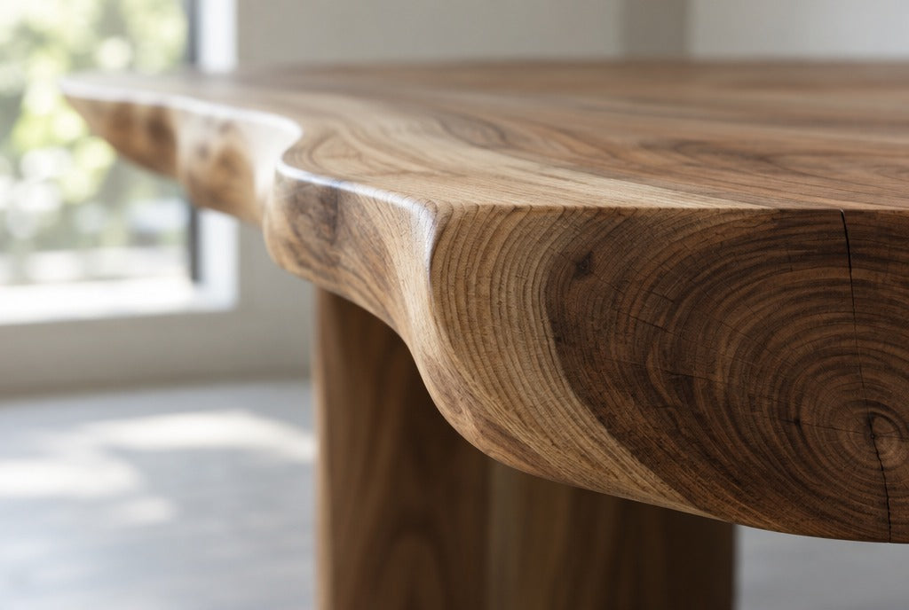 Close-up of the flowing end grain and growth rings of a sculpted solid wood table edge