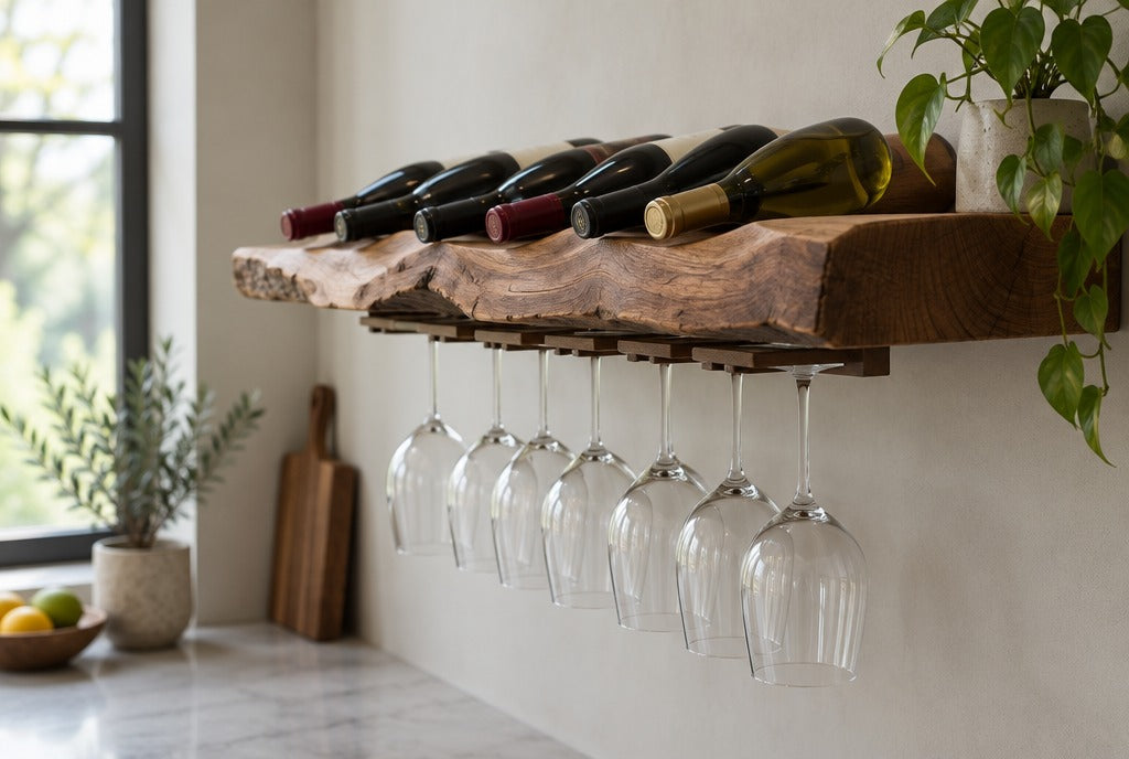 A live edge floating solid wood wine shelf holding bottles on their side and stemware below on a kitchen wall