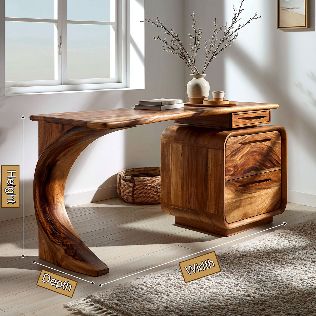 Aurelith Sculpted Solid Wood Desk With Drawers