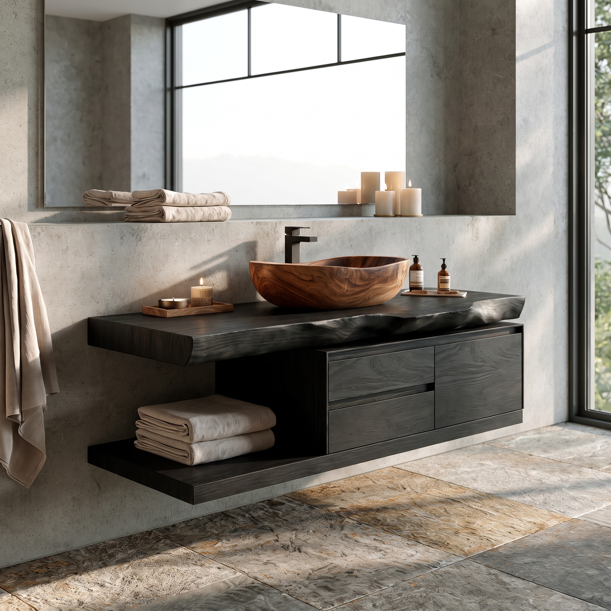 Vaelthorn Live Edge Solid Wood Floating Bathroom Vanity With Drawers