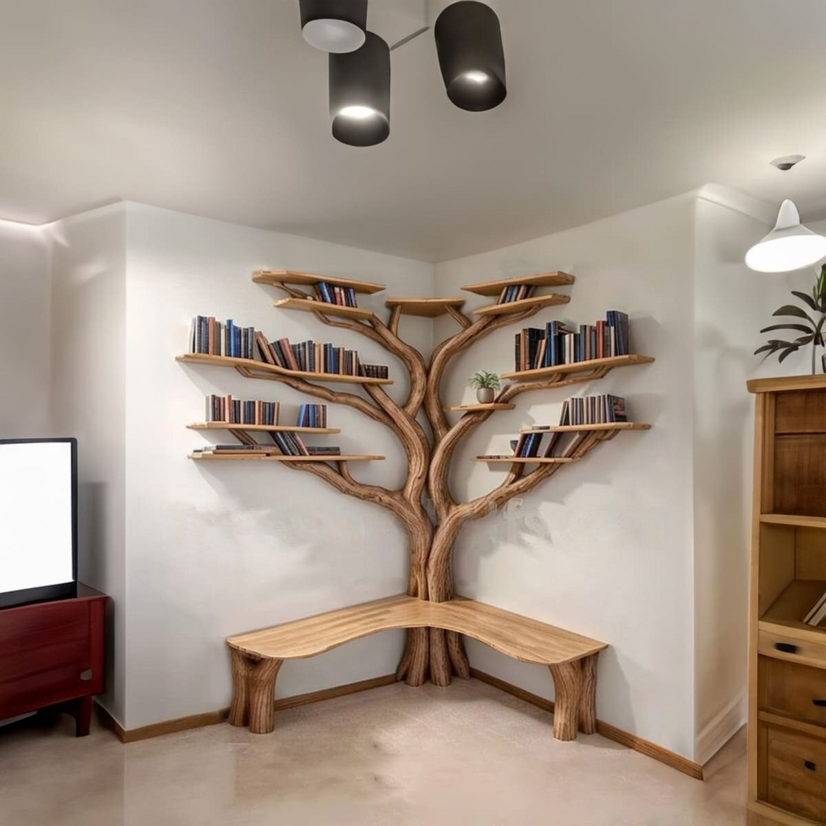 Tree Floating Corner Bookshelf With Corner Bench L-Shaped