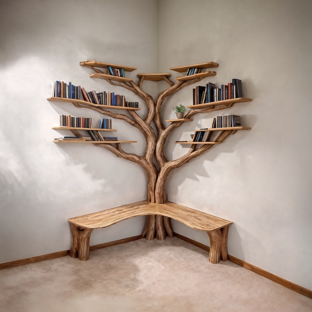 Tree Floating Corner Bookshelf With Corner Bench L-Shaped