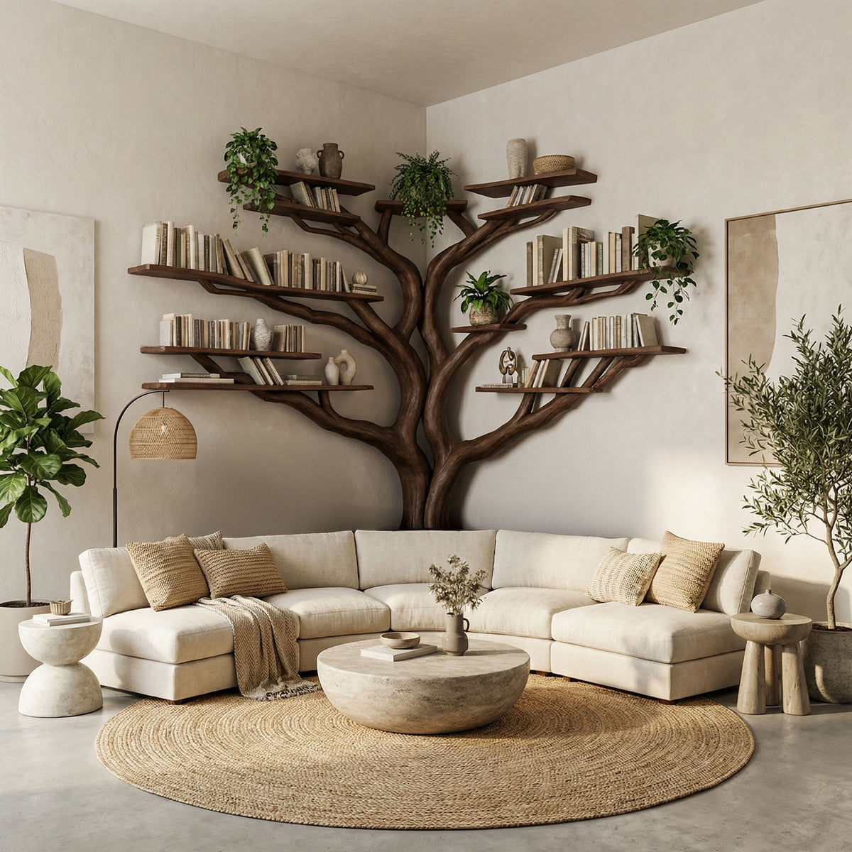 Tree Floating Corner Bookshelf With Corner Bench L-Shaped
