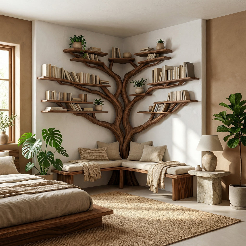 Tree Floating Corner Bookshelf With Corner Bench L-Shaped