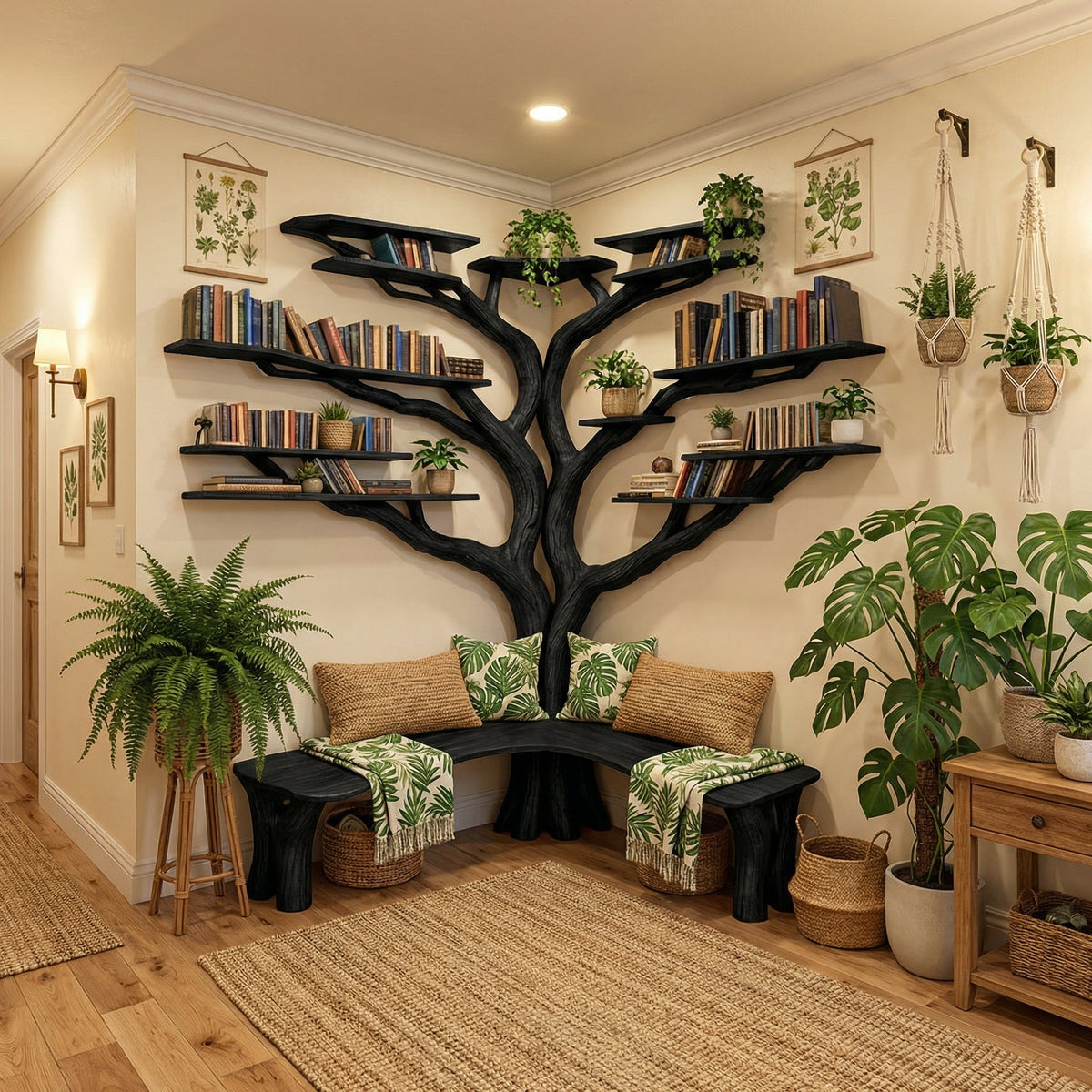 Tree Floating Corner Bookshelf With Corner Bench L-Shaped