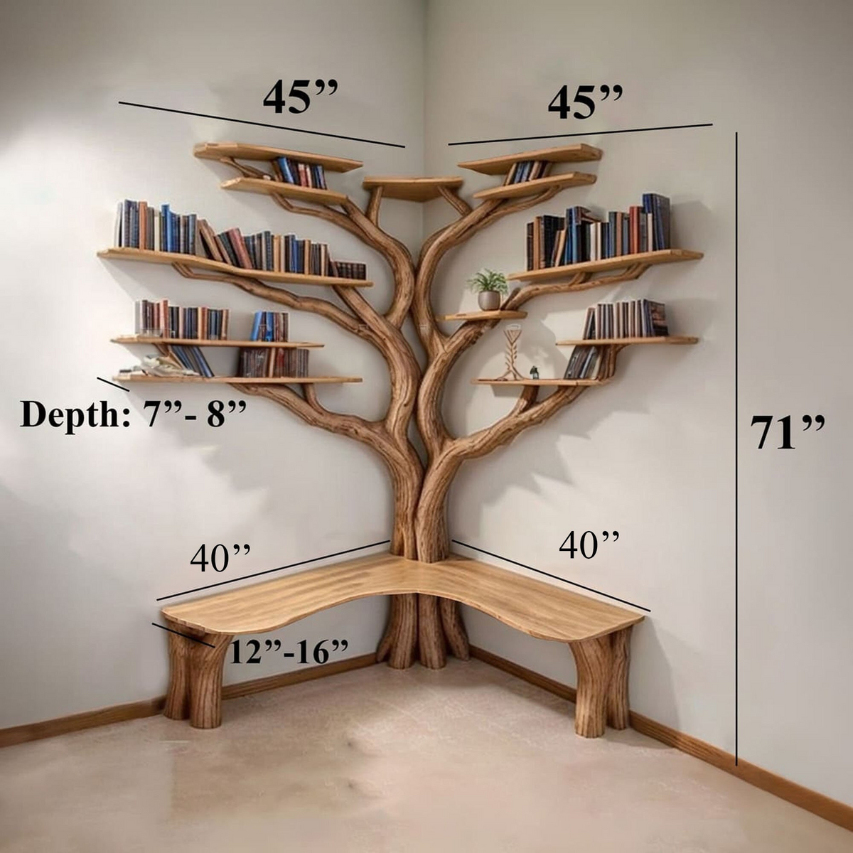 Tree Floating Corner Bookshelf With Corner Bench L-Shaped
