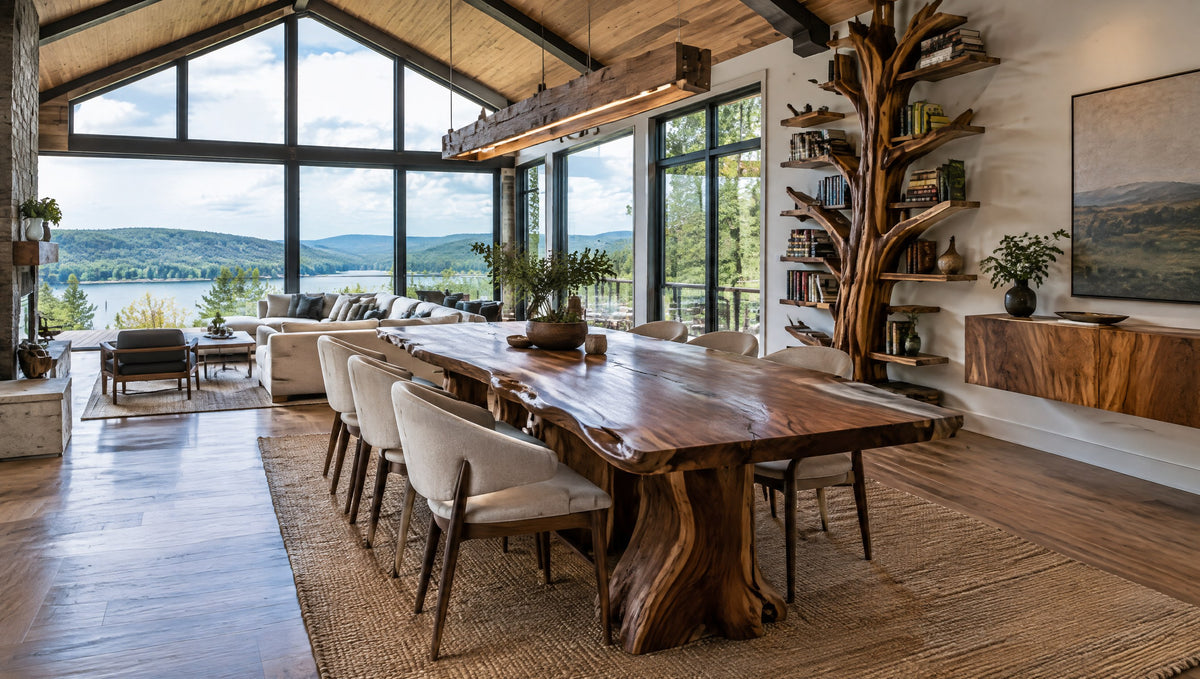 A Kentucky lake house interior with a sculpted wood dining table, tree bookshelf and console