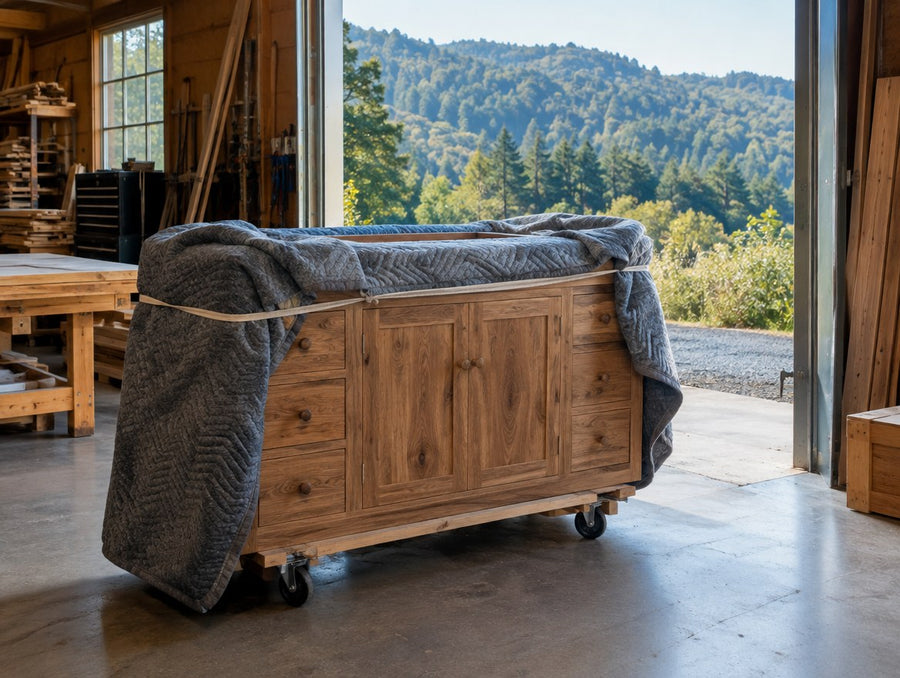 A blanket-wrapped solid wood vanity at a workshop bay door