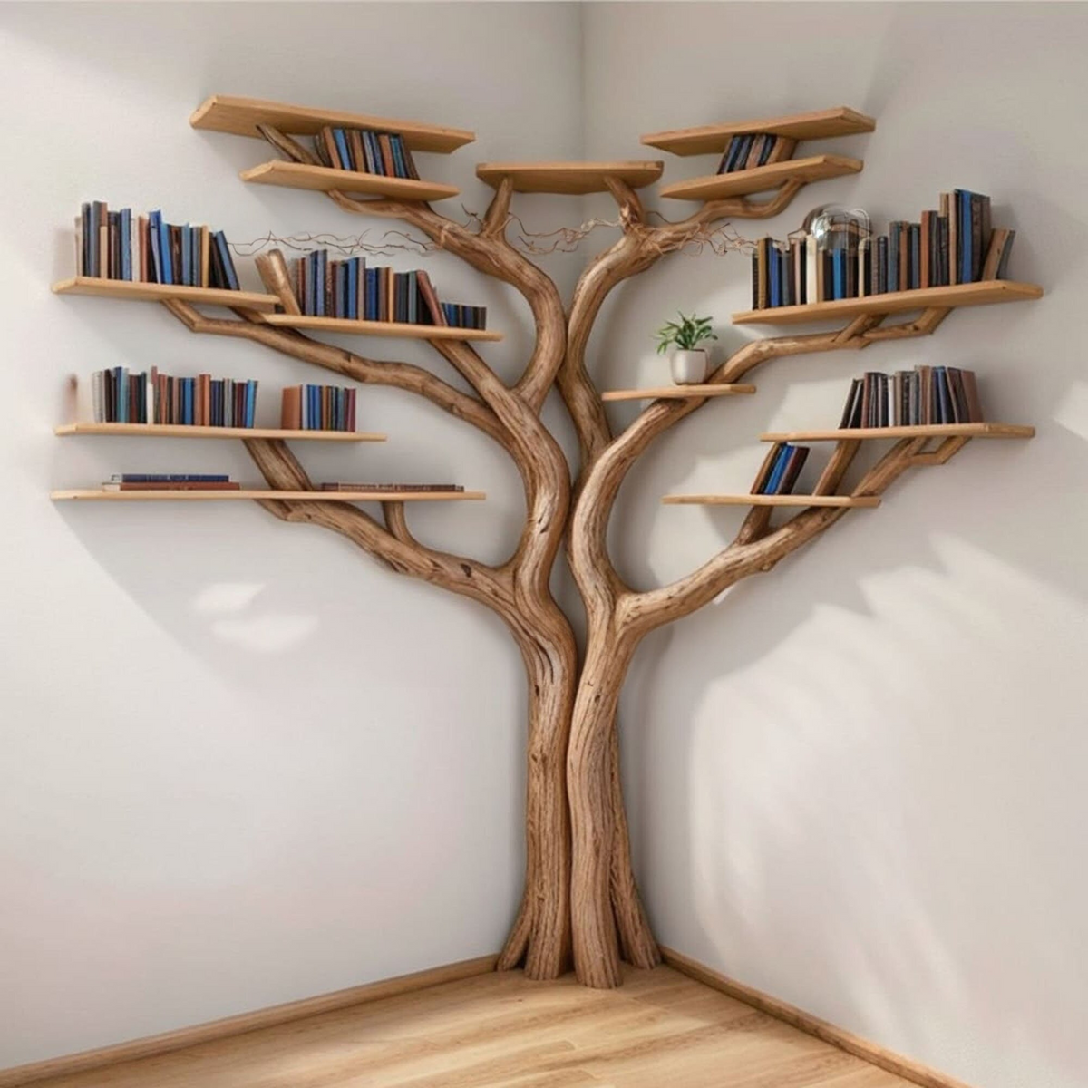 Tree Floating Corner Bookshelf With Corner Bench L-Shaped
