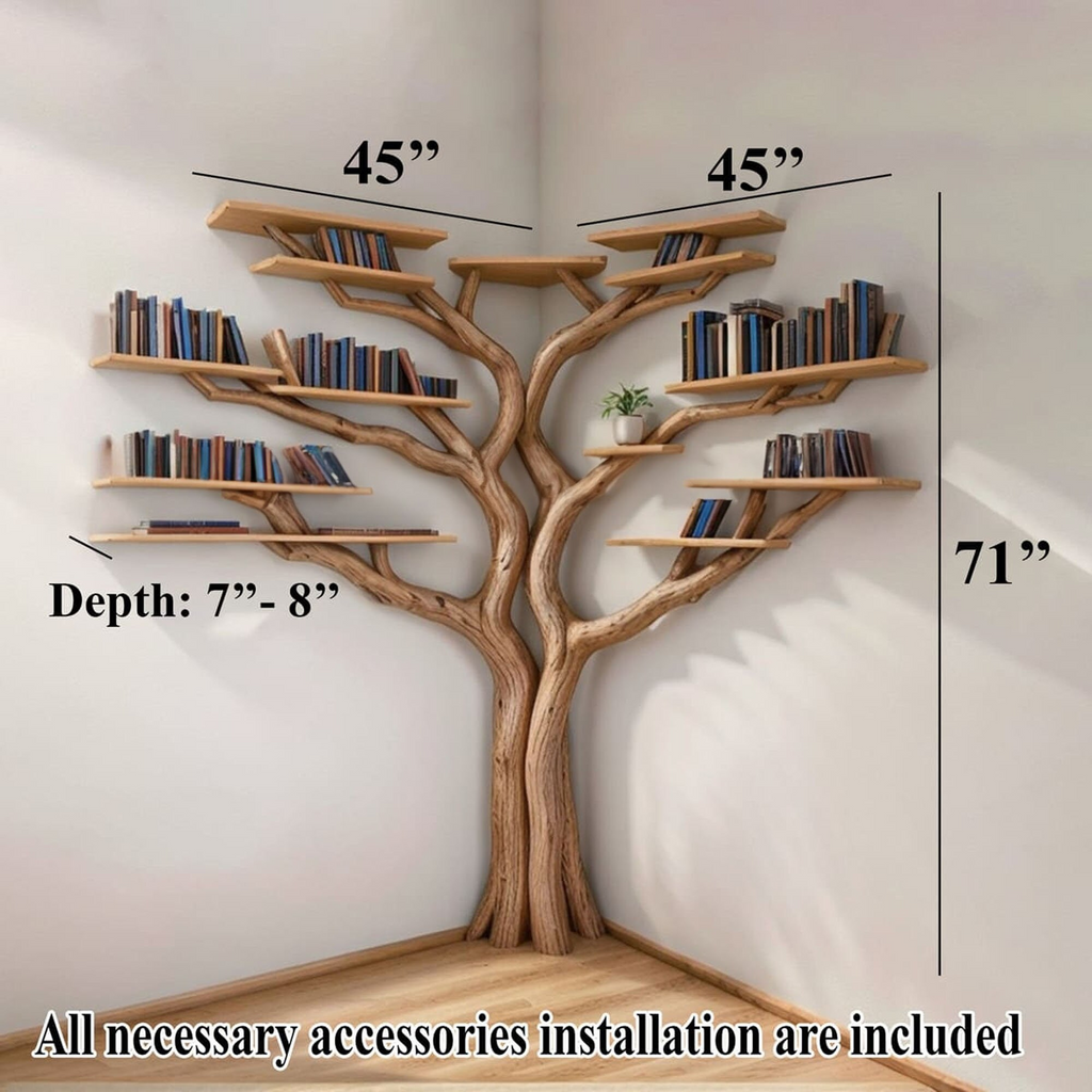 Tree Floating Corner Bookshelf With Corner Bench L-Shaped